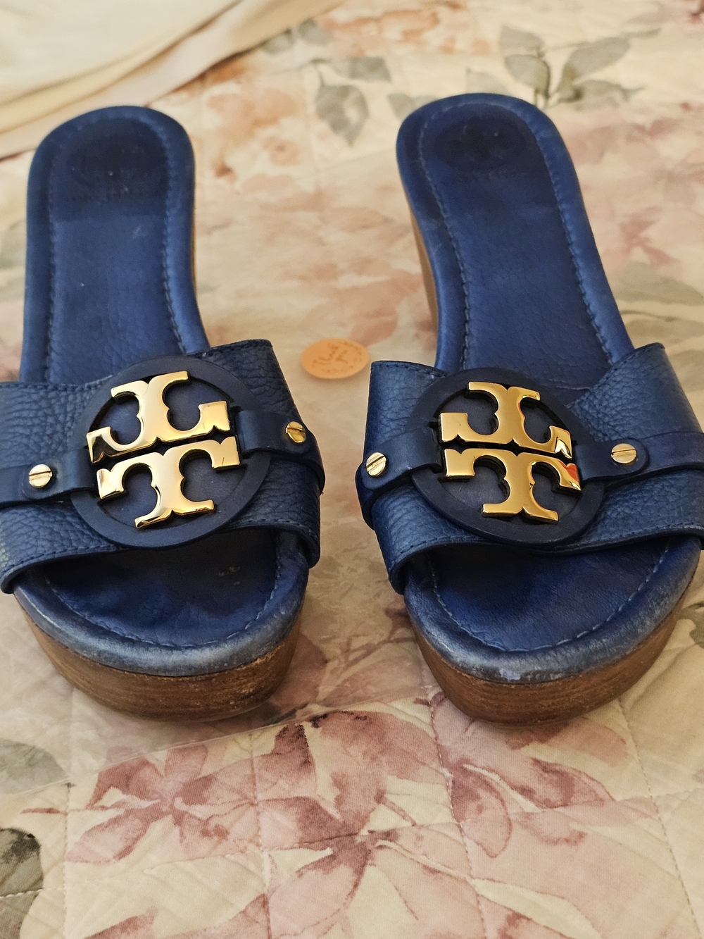 Tory Burch Navy Leather Slide Sandals with Gold Logo